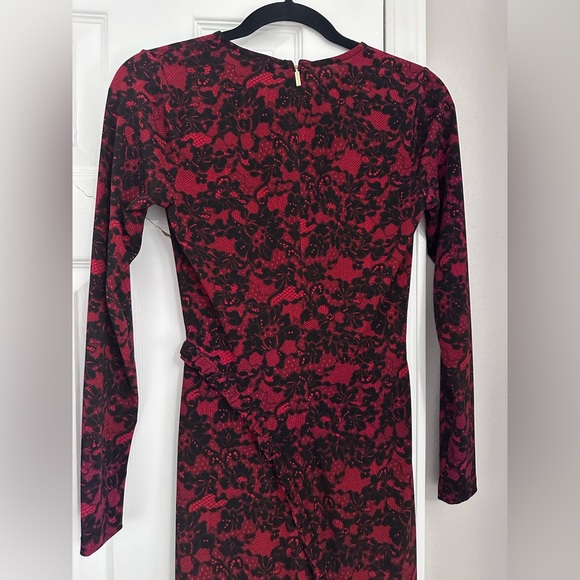 Michael Kors Long Sleeve Red and Black Floral Print Ruffled Body-con Dress - Picture 6 of 8